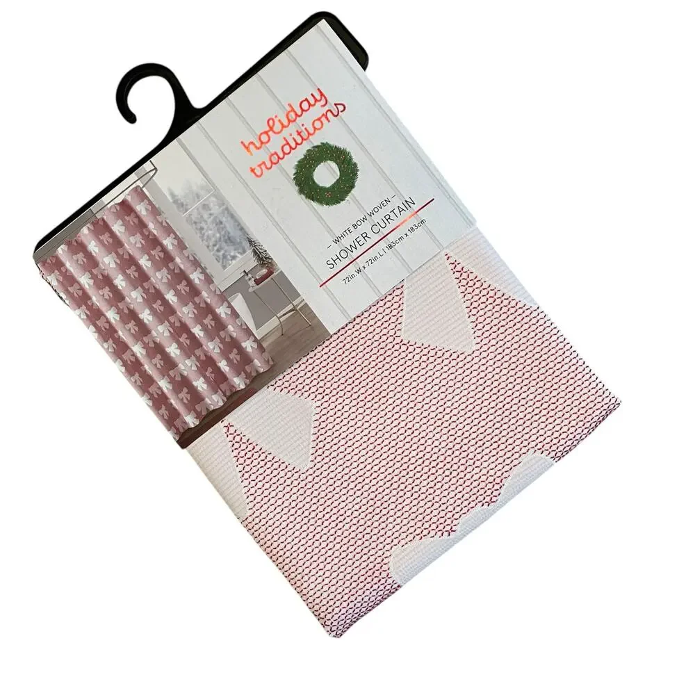 Holiday Traditions WHITE BOW Woven Shower Curtain 72x72 Red & White New